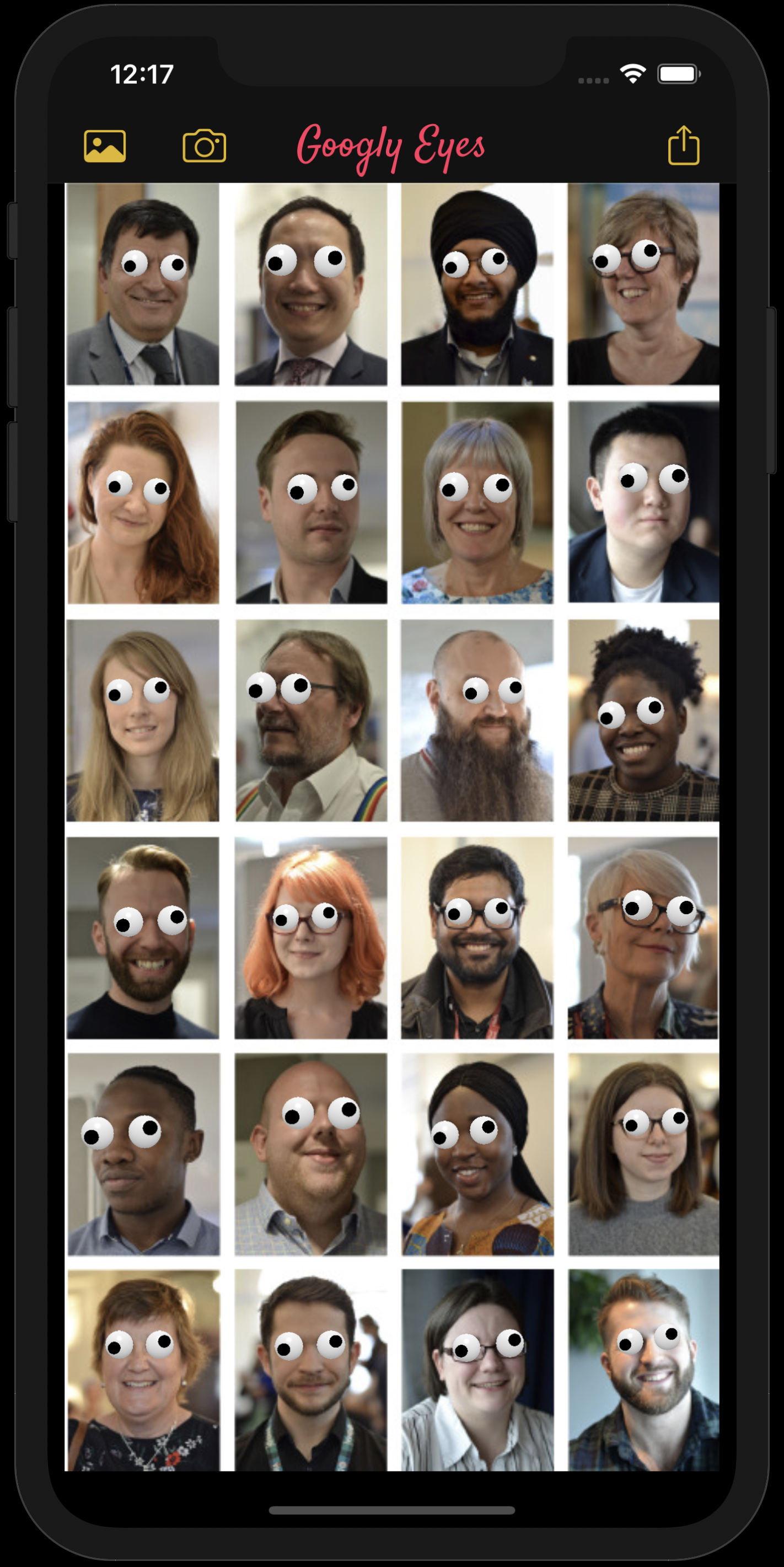 Googly Eyes app adding cartoon eyes to faces in a photo gallery